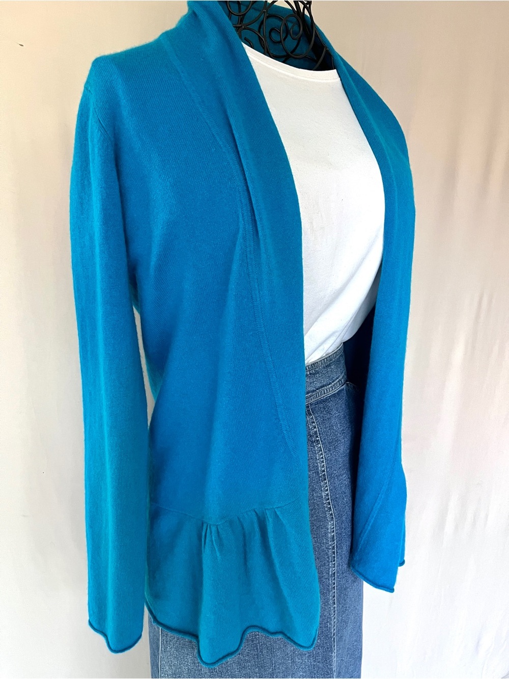 InCashmere Turquoise 100% Cashmere Long Line Peplum Cardigan L